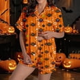 thumbnail image 2 of Womens Outfits Halloween Pumpkin Lapel Short Sleeve Buttoned Pocketed Lightweight Top And Shorts 2 Piece At Home Wear Women's Clothing Sets L, 2 of 4