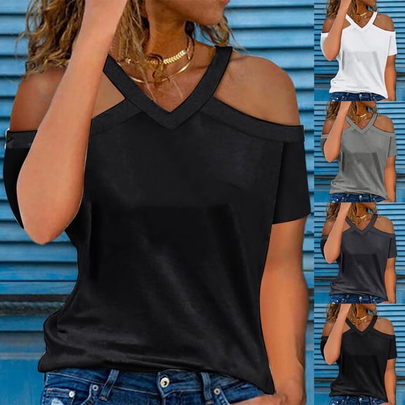 Swuxness Women Sleeveless Casual Shirts, Spring and Summer Tops, Ladies Solid Color V-Neck Fashion Comfortable Blouses Off Shoulder Tee Gray, L