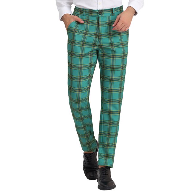 Pantalones a cuadros para hombre, informales, de corte regular, con frente plano, elásticos, a cuadros Verde amarillo S