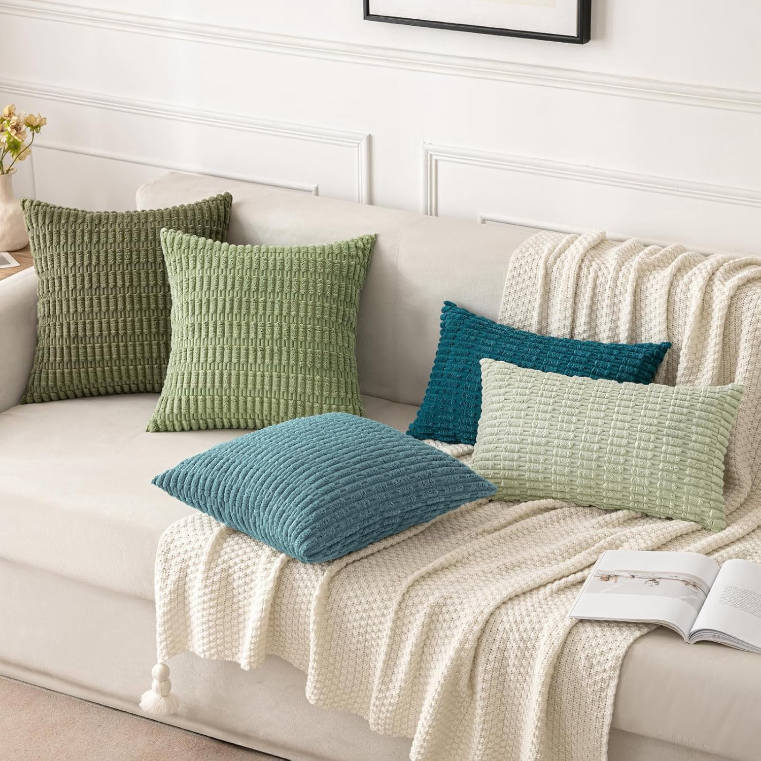 Wehilion Pack of 2 Corduroy Decorative Throw Pillow Covers Soft Boho Striped Pillow Covers Modern Farmhouse Christmas Home Decor for Sofa Living Room Couch Bed