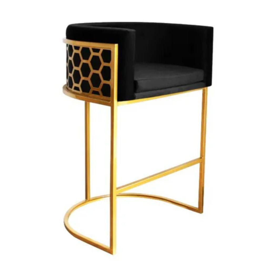 Maluma Counter Stool in Black Velvet with a low back and luxe upholstery details