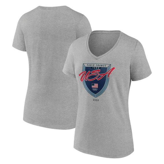 Women's  Gray Team USA  2024 Olympics Paris Shield V-Neck T-Shirt