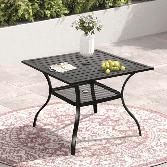 SUNCROWN 37" Black Patio Outdoor Dining Table Metal Steel Slat Square Bistro Table for Porch Deck Garden Backyard Poolside, 1.57" Umbrella Hole