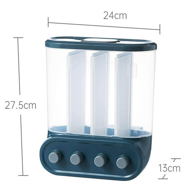 ziyahi Wall-Mounted Dry Food Storage Dispenser Grains Rice Box Candy Organizer 4 Grid Blue