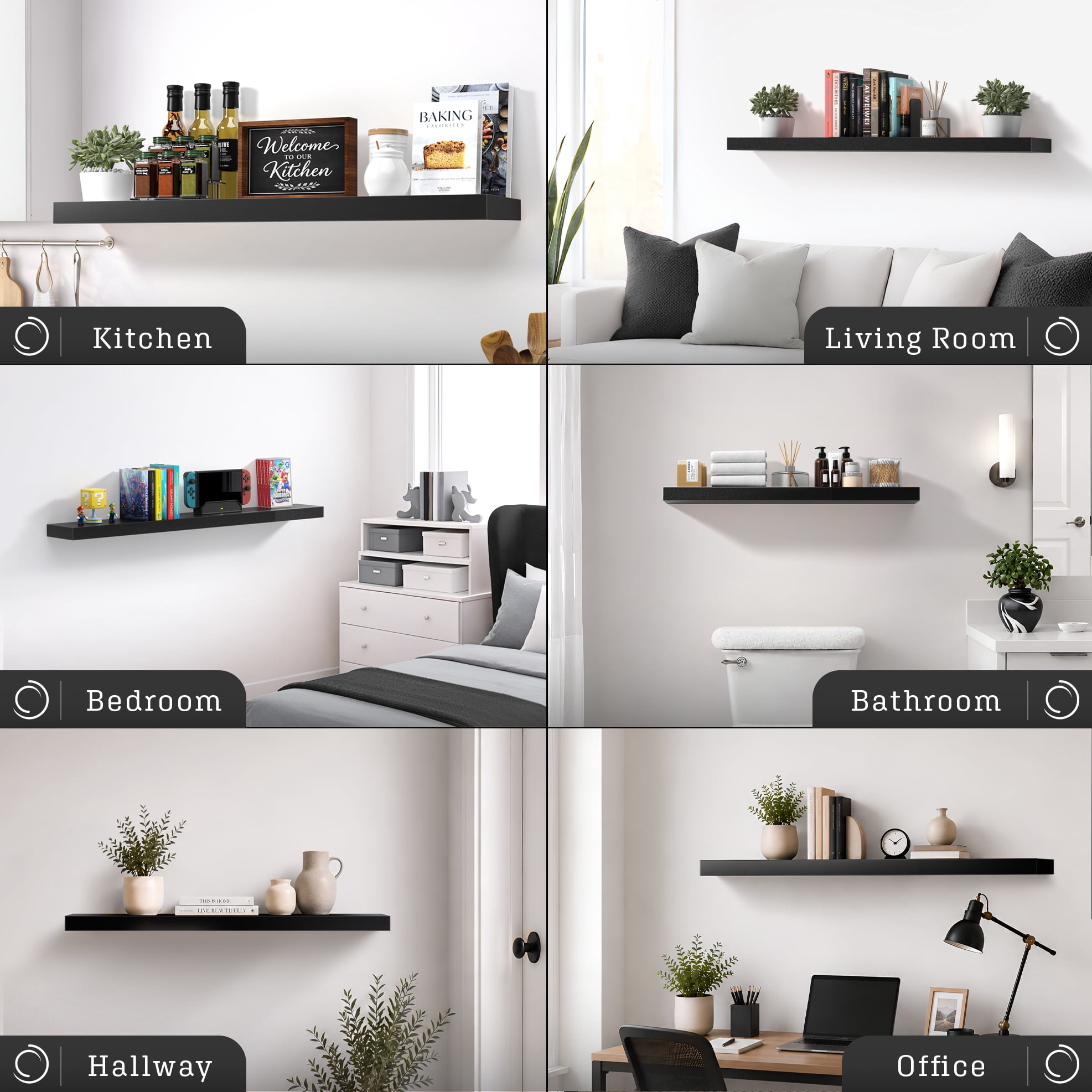 Sorbus 47" Floating Wall Shelf, Black, Invisible Brackets, Bathroom, Bedroom & Home Décor