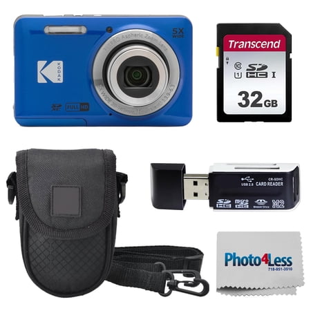 KODAK PIXPRO FZ55 (Blue) 16MP Digital Point & Shoot Camera 5X Optical Zoom 28mm Wide Angle 1080P Full HD Video Bundle with 32GB SD Card Protective Case and Hi-Speed Card Reader