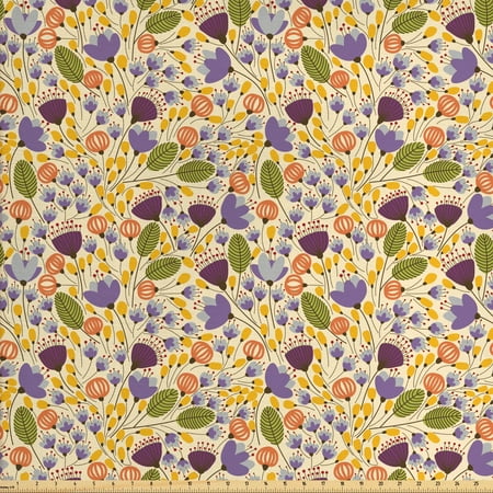Retro Upholstery Fabric Colorful Fabric by The Yard, Romantic Arrangement with Different Flowers in Retro Doodle Style Soulful Nature, Decorative Fabric for Upholstery and Home Accents, by Ambesonne ()