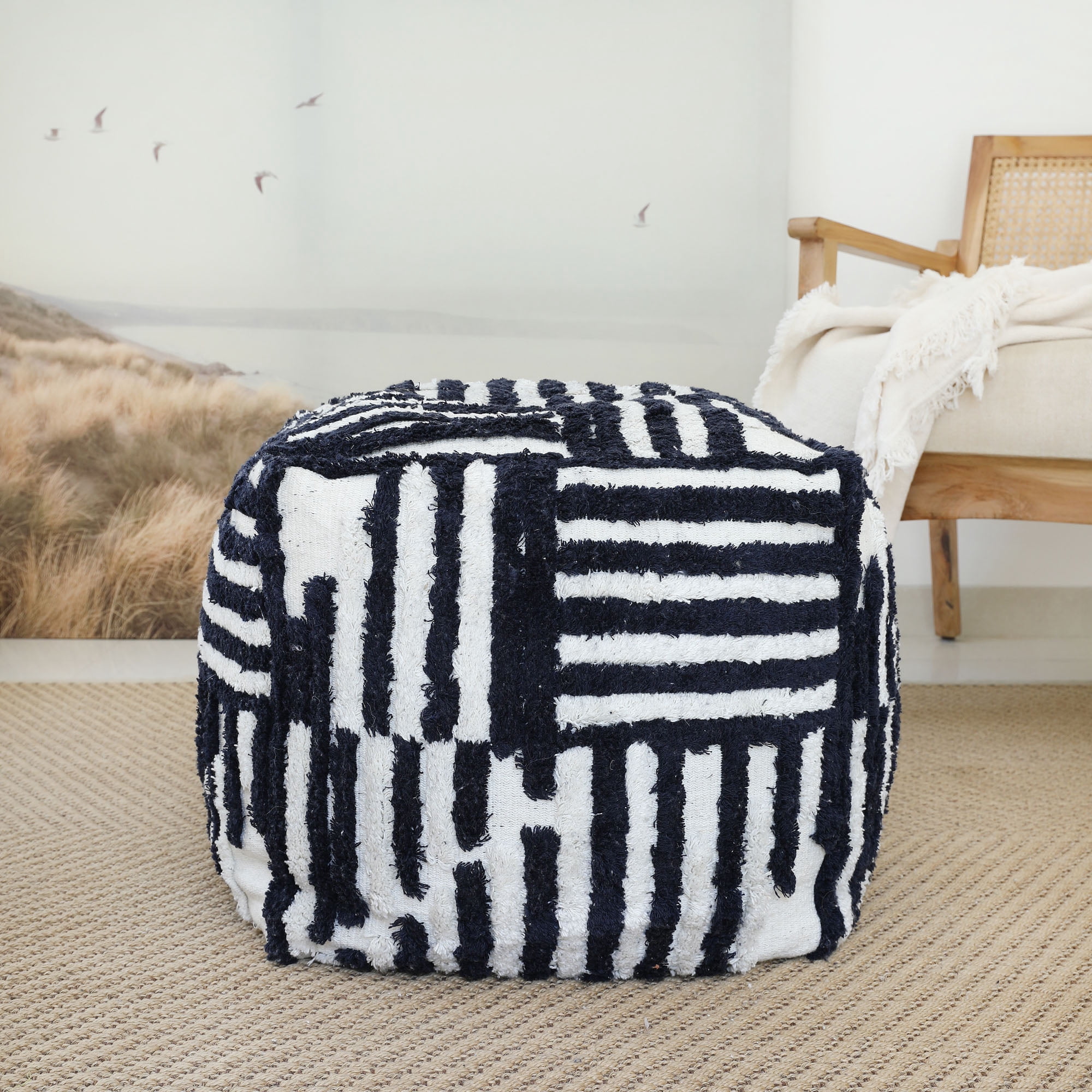 Stacy Garcia Square Geometric Over-tufted Cotton Medium-Sized Indoor Pouf, 18"x18"x18"
