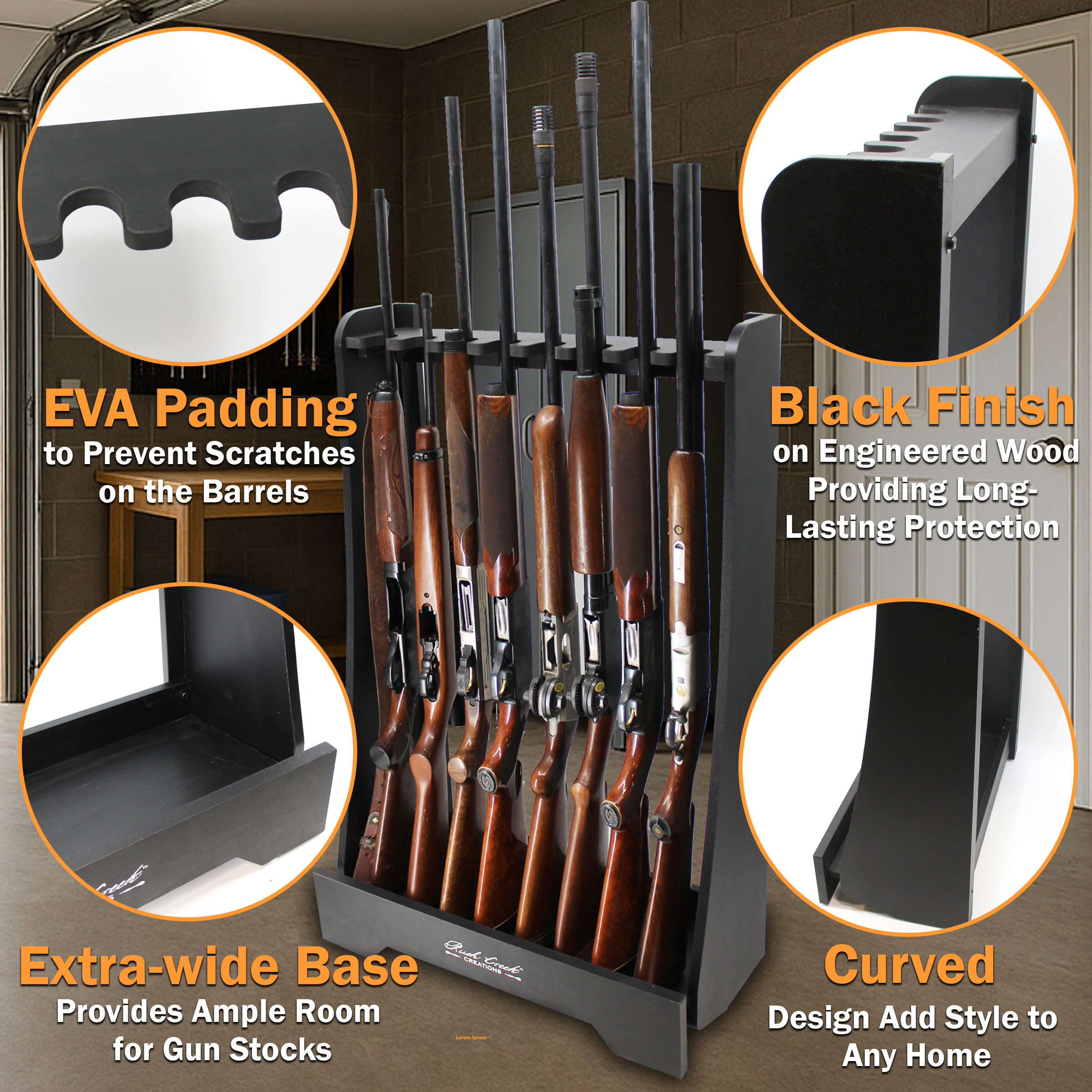 Rush Creek Creations Freestanding Indoor and Barn Wood 8-Gun Rack for Rifles or Shotguns, Gun Storage for 8 Real Guns, Alternative to Gun Safe for Rifles, Black
