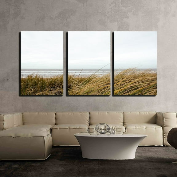 wall26 - 3 Piece Canvas Wall Art - Seashore with Grass - Modern Home Art Stretched and Framed Ready to Hang - 16"x24"x3 Panels