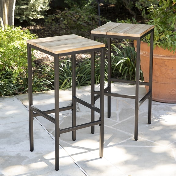 Bar Stools 2pc Set - Acacia Wood Seat & Metal Frame - Indoor Outdoor