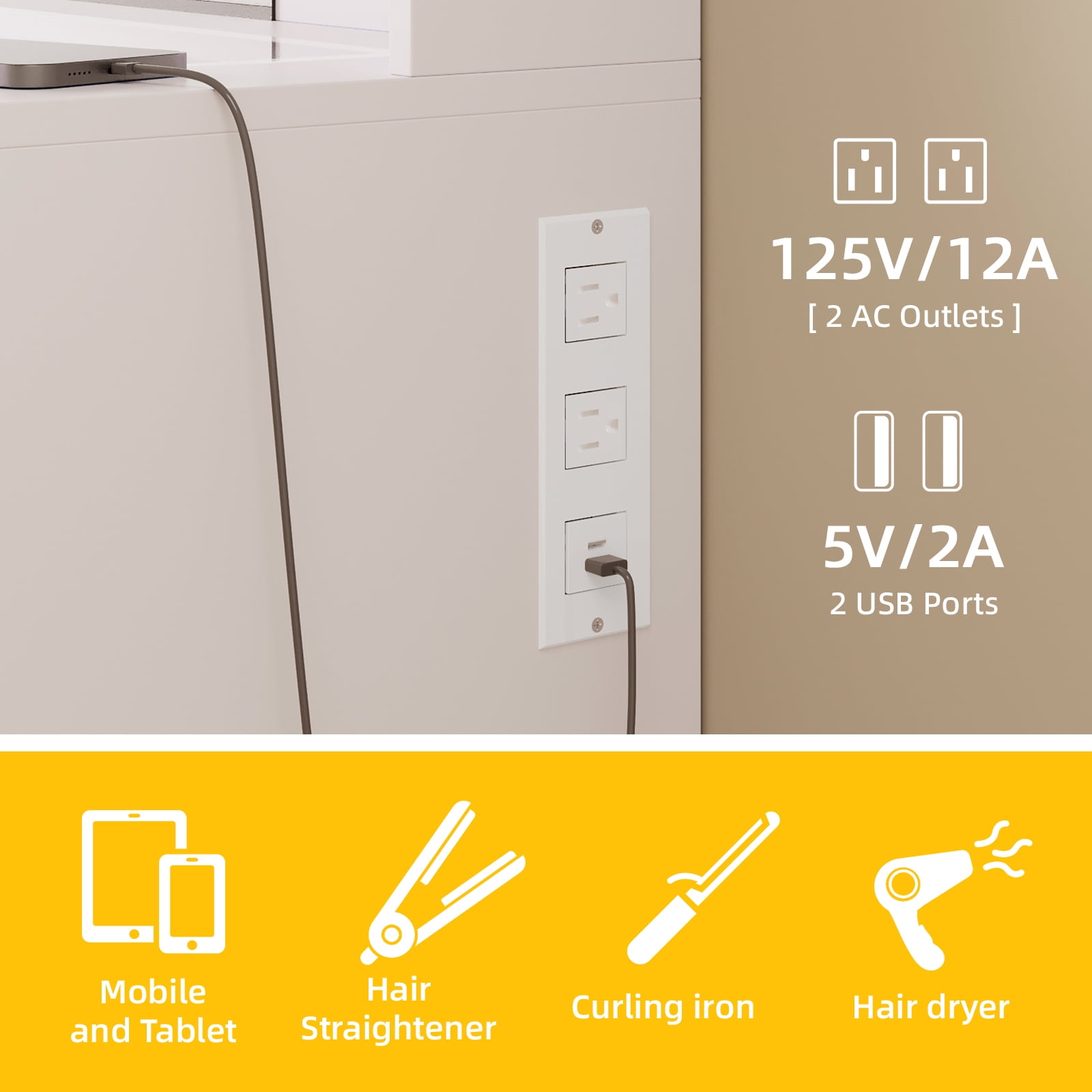 TOMNK White Vanity Desk with Mirror & Lights, Power Outlet, 3 Colors, 2 RGB Drawers, 6 Shelves