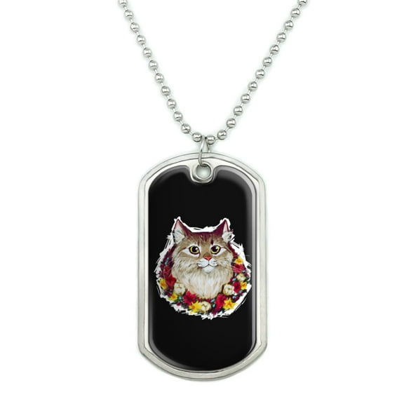 Painted Tabby Cat with Flowers Military Dog Tag Pendant Necklace with Chain