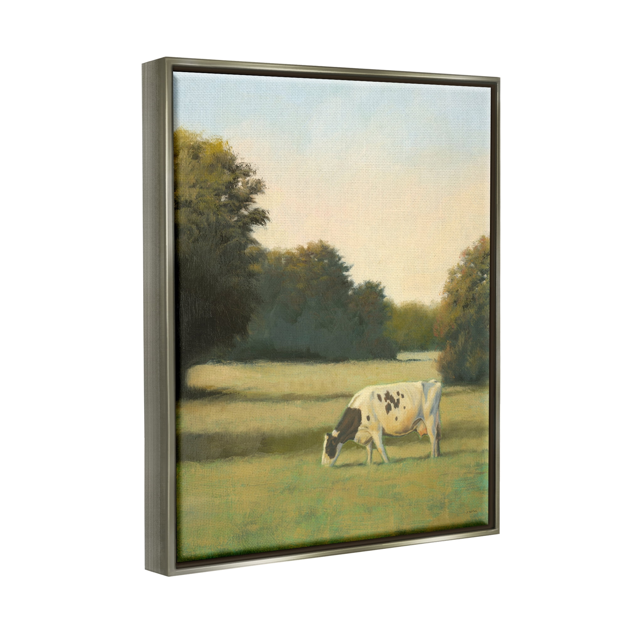 Stupell Industries Cow Grazing in Pasture Animals & Insects Painting Gray Floater Framed Art Print Wall Art, 25 x 31