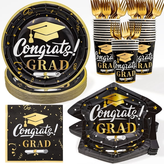 125PCS Graduation Paper Plates and Napkins, 2026 Graduation Party Supplies Black & Gold Disposable Dinnerware Set, Graduation Party Decorations for College & High School (Serves 25 Guests)