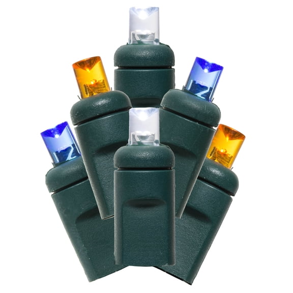 Vickerman 70 Blue-Pure White-Orange Wide Angle LED light on Green Wire, 35' Light Strand.