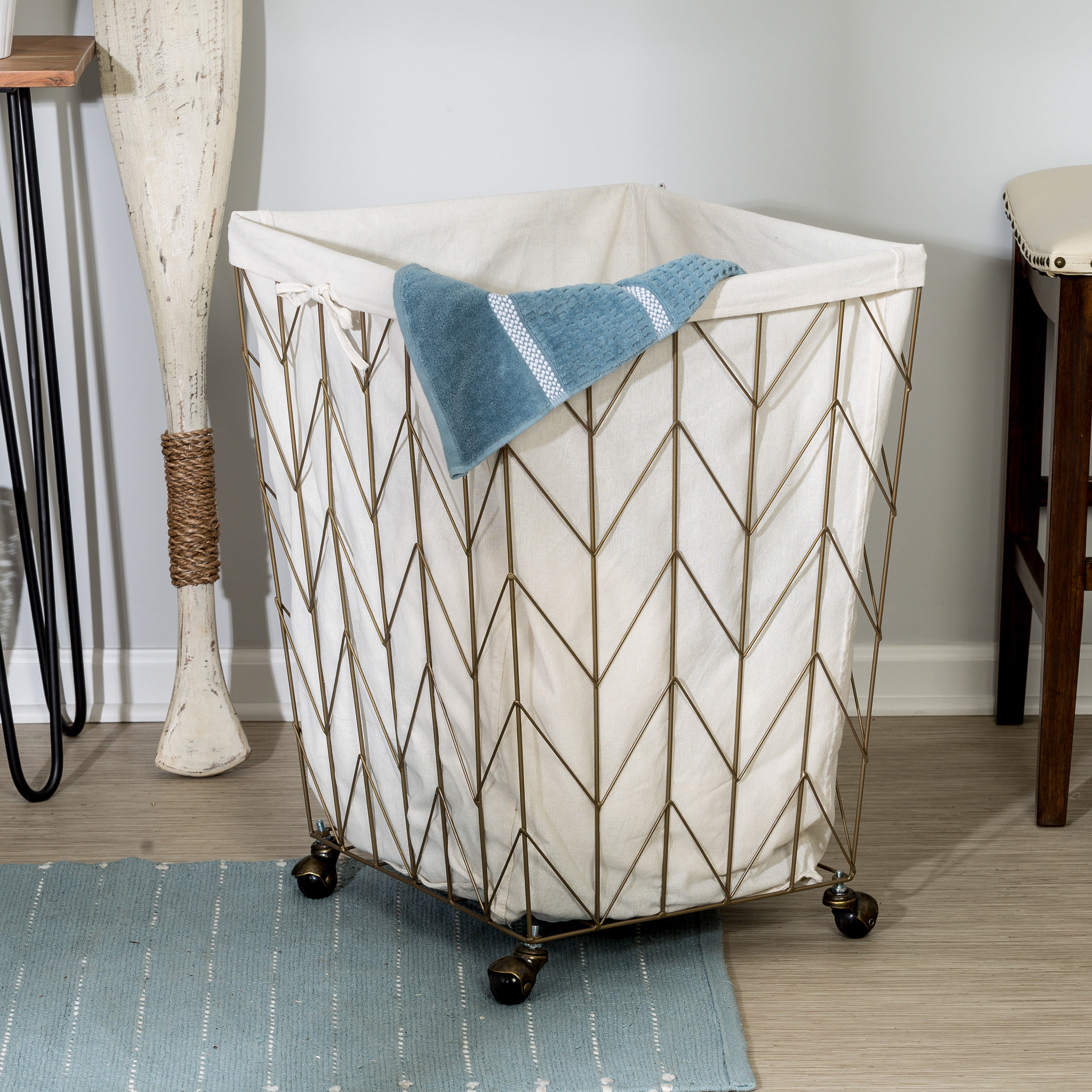 Bronze Chevron Wire Rolling Laundry Hamper with Canvas Liner