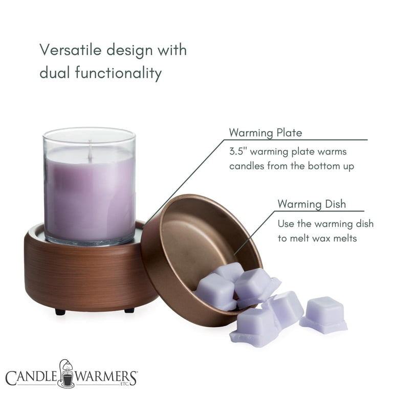 Candle Warmers Etc. 2-in-1 electric candle and wax-melt warmer with warming plate, removable dish, candle jar, and wax cubes