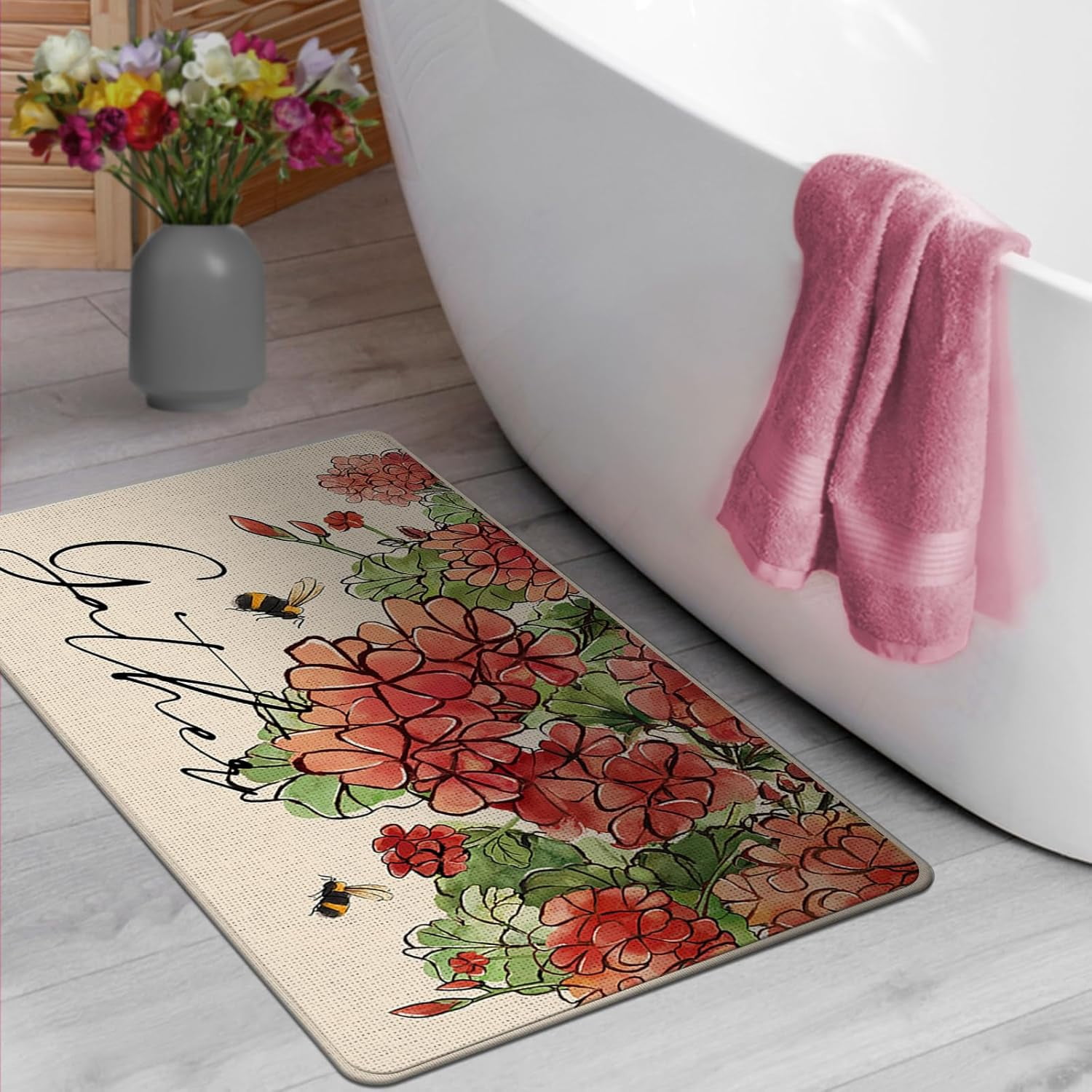 Spring Summer Floral Flower Decorative Front Door Mat, Red Geranium Doormat Indoor Outdoor Non-Slip Floor Entryway Rug, Gather Bee Seasonal Home Kitchen Decoration 17x30 Inch