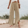 thumbnail image 4 of Mlqidk Cropped Linen Pants Women 2025 Summer Plus Size Wide Leg Capri Pants Smocked Waist Boho Pants Ruffle Hem Beach Trouser Pants with Pockets Light Brown 3XL, 4 of 5