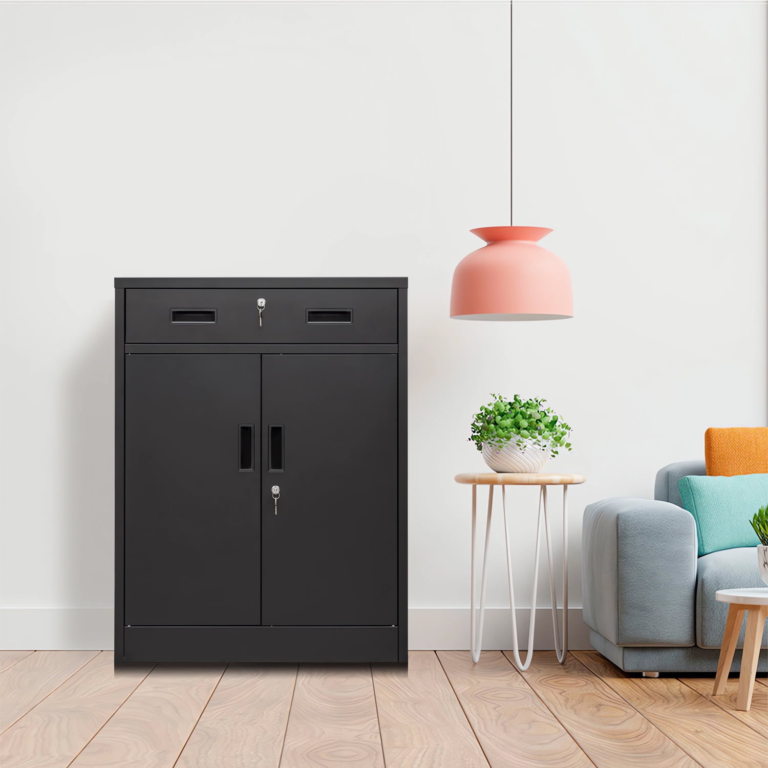 CJF Metal Storage Cabinet, 36" H Locking Storage Cabinet with 1 Drawers and Adjustable Shelf, Steel Cabinets for Office, Garage, Home (Black)