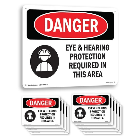 Eye And Hearing Protection Required OSHA Danger Rigid Plastic Sign 18 Inch x 12 Inch - 10 Pack