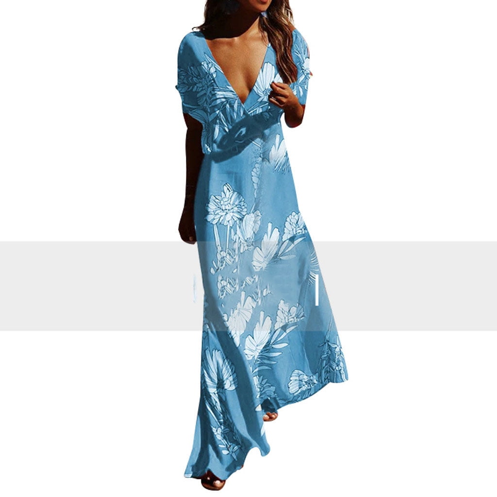Women's Boho V Neck Floral Dress Backless Beach Split Maxi