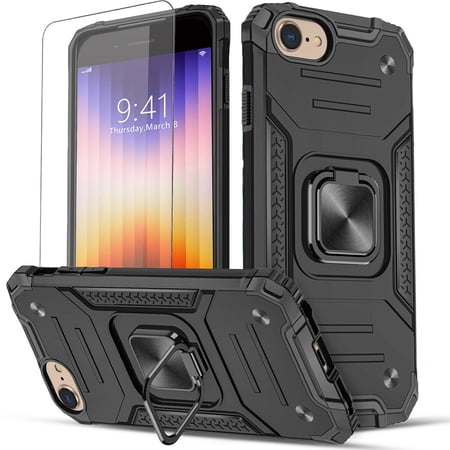 Circlemalls Case for iPhone SE 2022, Tempered Glass Screen Protector, Ring Stand Shockproof Cover-Black