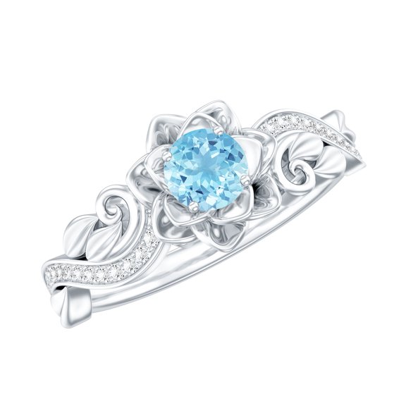 Rosec Jewels Natural Aquamarine Diamond Flower Engagement Ring for Women - AAA Quality Aquamarine Ring with Jewelry Box, 925 Sterling Silver, US 4.00