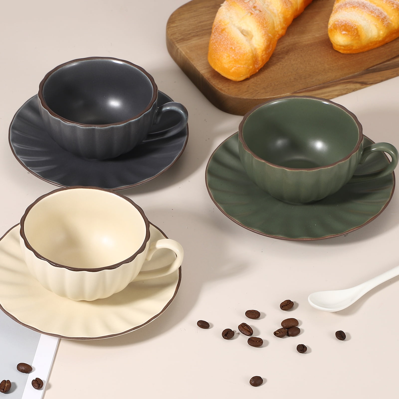 Uxcell Handmade Vintage Espresso Cups, 8 oz Coffee Cups and Saucers Ceramic Tea Cup with Handle Dishwasher and Microwave Safe for Latte Cappuccino Milk Office Home Gifts, Dark Green
