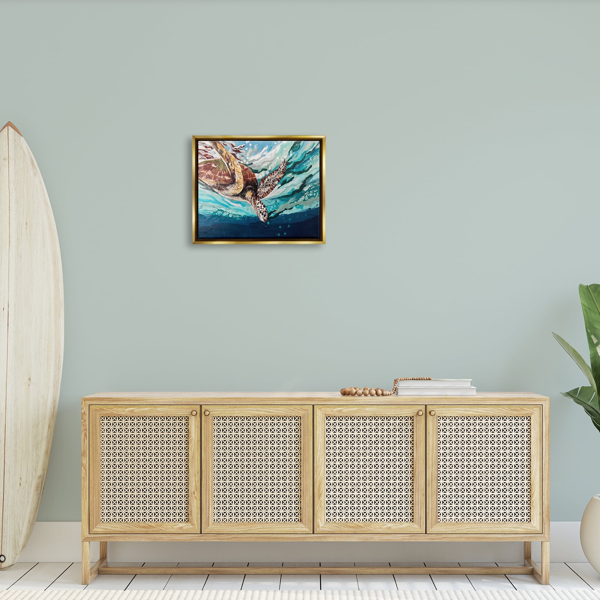 Stupell Industries Splashing Sea Turtle Diving Below Ocean Surface Painting Metallic Gold Floating Framed Canvas Print Wall Art, Design by Stacy Gresell