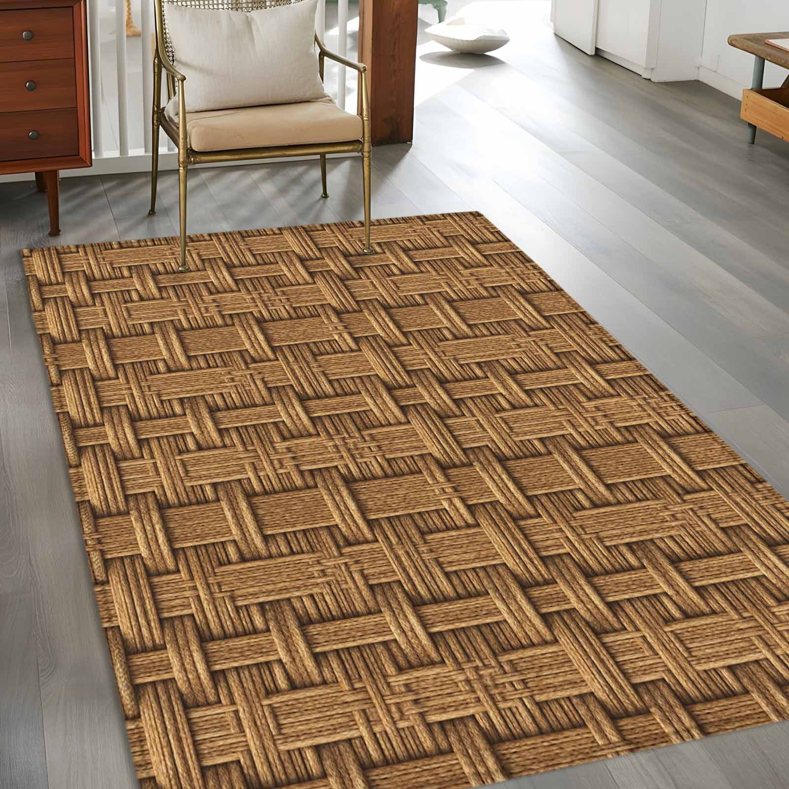 Area Rugs 2.7'x5', Vintage Rattan Carpet for Living Room Bedroom Dining Room, Minimalist Abstract Wicker Texture Brown Throw Kitchen Rugs Non Slip Washable Rectangle Indoor Outdoor Rugs