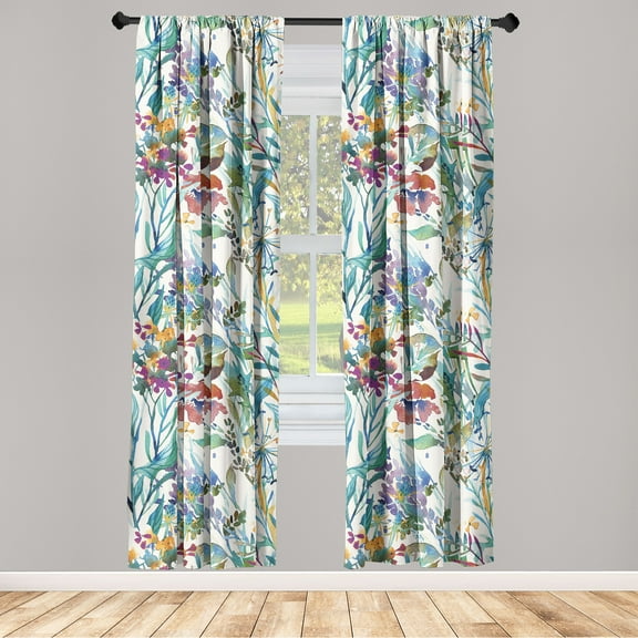 Jungle Boho Window Curtains, Aquarelle Forest Themed Floral Scene with Leaves Greenery Print, Lightweight Decor 2-Panel Set with Rod Pocket, Pair of - 28"x84", Eggshell Seafoam Indigo, by Ambesonne