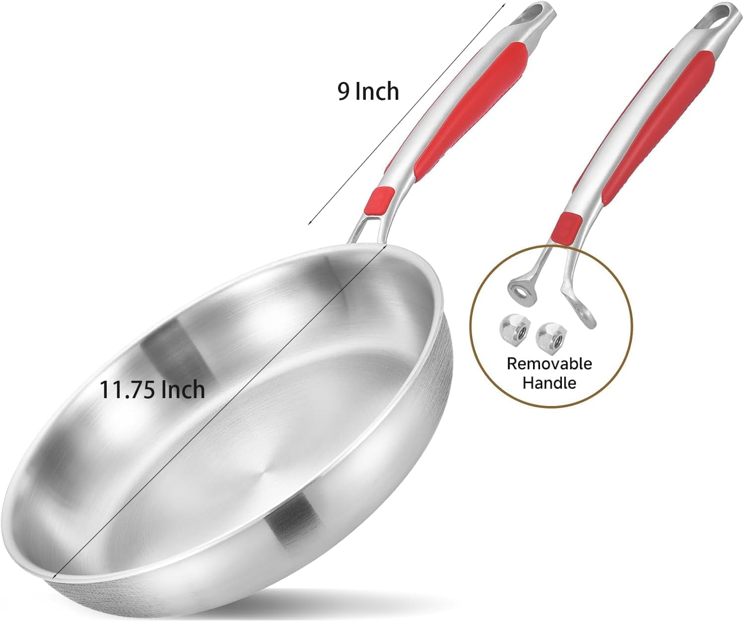 Inqibee Frying Pan with Lid Tri-Ply Stainless Steel,Detachable Handle,Induction Compatible 12 inch.