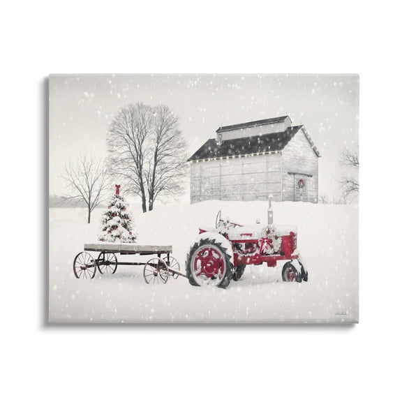 Festive Red Christmas Tractor Niveous Countryside Flurries Landscape Painting Gallery-Wrapped Canvas Print Wall Art