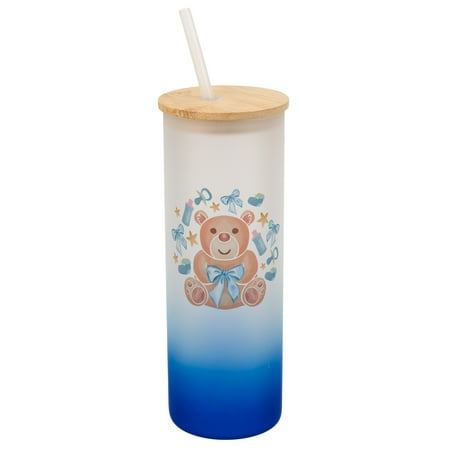 

Elanze Designs 25 Ounce Frosted Glass Gradient Travel Tumbler With Straw and Wooden Lid Boy Teddy Bear Navy Blue