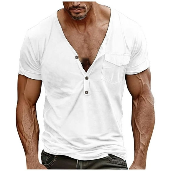 Camiseta de manga corta con cuello en V y hebilla para hombre, tallas grandes, informal para el verano - Prenda con bolsillo para el trabajo, citas o uso diario