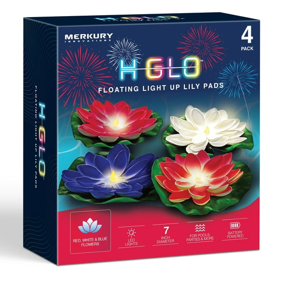 Merkury Innovations Floating LED Lily Pads, 4-Pack – Waterproof Pool Lights (Red, White, Blue)