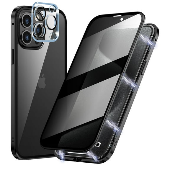 Decase for iPhone 13 Pro Max,iPhone 13 Pro Max Full Body Case with Privacy Screen Protector & Camera Lens Protector,Tempered Glass Magnetic Metal Bumper Phone Case Cover,Black