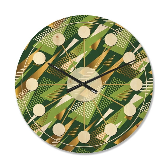 Designart 'Triangular Green and Gold Design I' Mid-Century Modern Wood Wall Clock