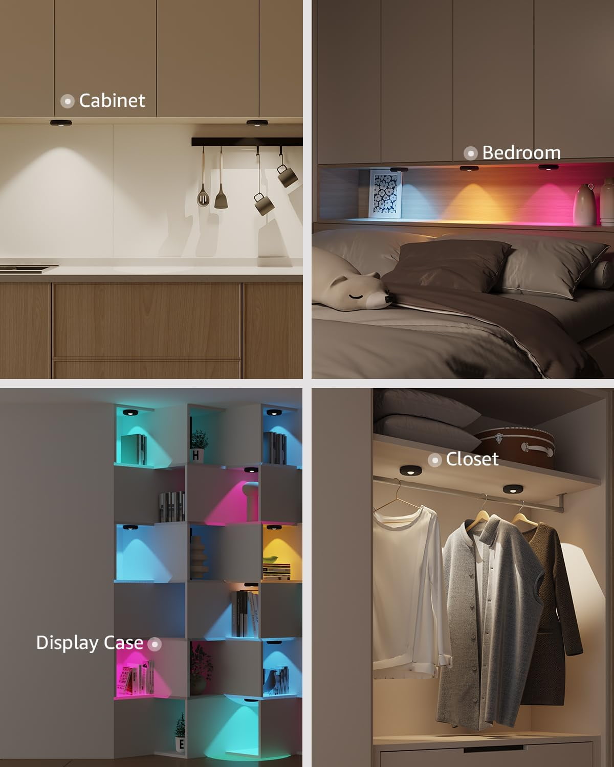 Tedmos Black Rechargeable Puck Lights with Remote, 2400mAh RGB Color Changing Under Cabinet Lighting, Wireless Shower Magnetic Push Light for Kitchen Counter Closet Shelf Battery Powered Tap Light