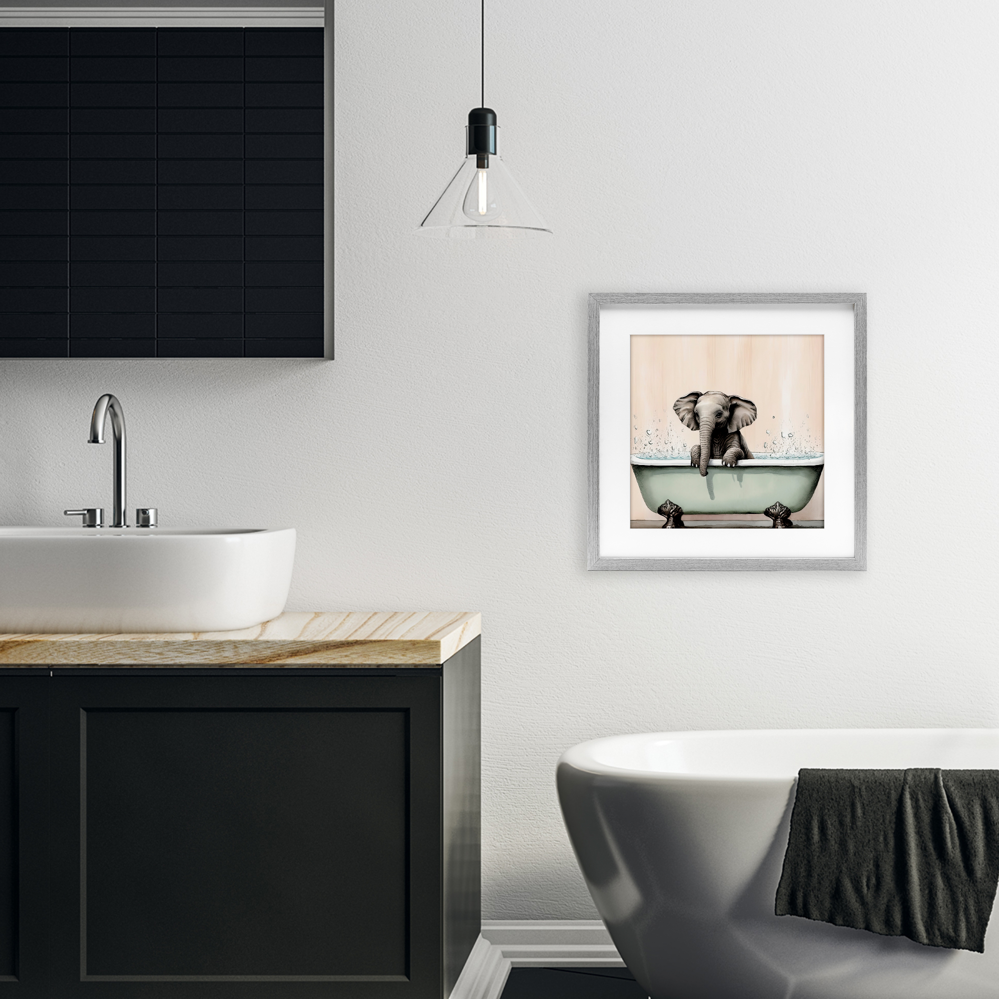 Baby Elephant Bathtime Gray Framed Print Under Glass, design by Sasha