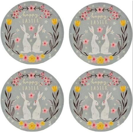 

Set of 4 Easter / Spring Themed Melamine Dinnerware Plates - Giving Plates - Cookie Plates - Serving Plates 11-Inches (Easter Bunny Love Floral)