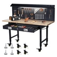 thumbnail image 1 of Work Bench 60x22Inch Work Table for Garage, Adjustable Height Workbench with Pegboard & Drawers, Rubberwood Tabletop for Workshop, Workstation with 2000 LBS Heavy Loading, Roling Wheels, 1 of 6