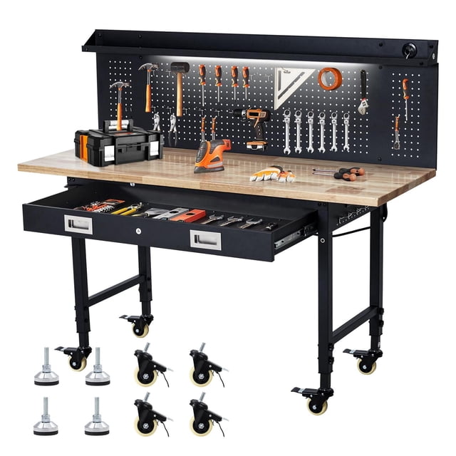 Work Bench 60x22Inch Work Table for Garage, Adjustable Height Workbench with Pegboard & Drawers, Rubberwood Tabletop for Workshop, Workstation with 2000 LBS Heavy Loading, Roling Wheels