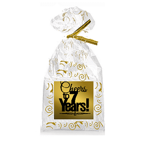 CakeSupplyShop Item#007CTC 7th Birthday / Anniversary Cheers Metallic Gold & Gold Swirl Party Favor Bags with Twist