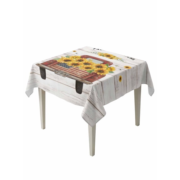 Vintage Sunflower Truck Table Cloth, Waterproof Tablecloth for Square Tables, Wooden Summer Botanical Retro Art Reusable Washable Fabric Table Cover for Restaurant Kitchen Dining Tables 60"x60"