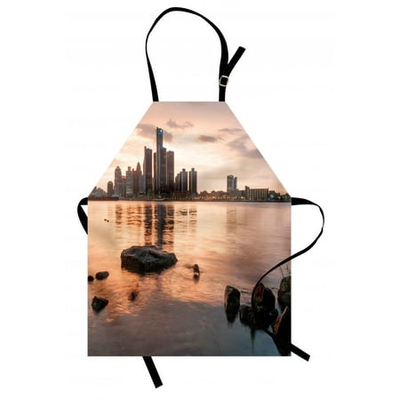Detroit Lions Apron Detroit Apron Idyllic Sunset View with High Rise Buildings Riverfront Rocks Calm Peaceful, Unisex Kitchen Bib Apron with Adjustable Neck for Cooking Baking Gardening, Coral Dark Brown, by Ambesonne ()