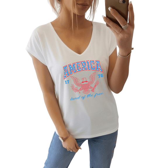 Giffimy America 1776 Land Of The Free Graphic Tees V-neck Print Tshirt Shirts White HeatherGray S-5XL Tops