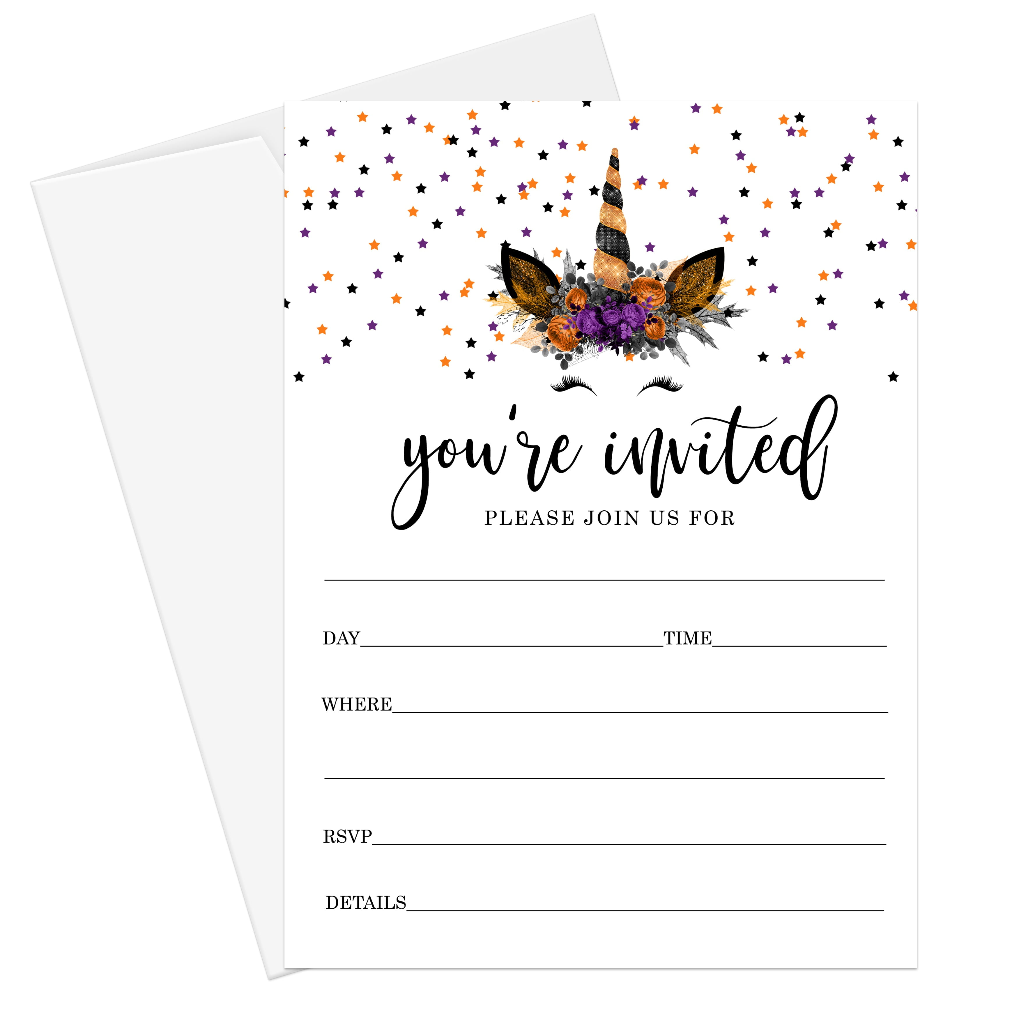 Unicorn Halloween Invitations with Envelopes Pack of 25 Fill In Blank Invites for Girls Birthday Baby Shower Pumpkin Theme Events Orange Black Printed Card Set 5x7 Paper Clever Party